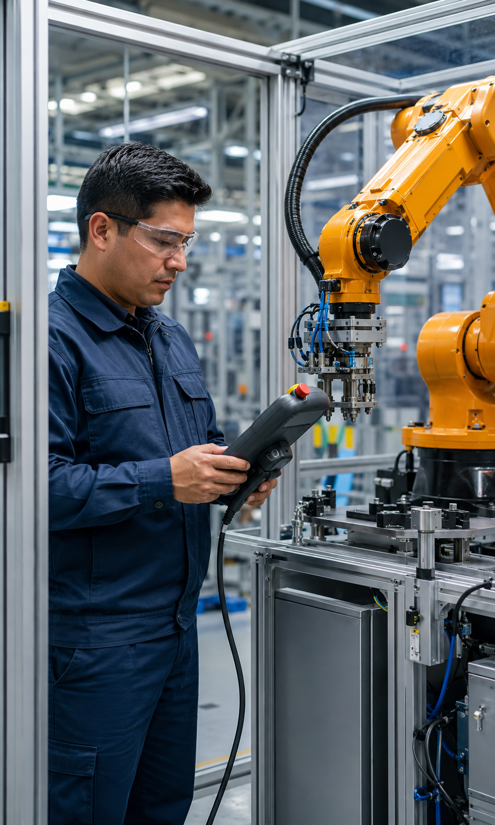 Técnico de Megatron programando un robot industrial