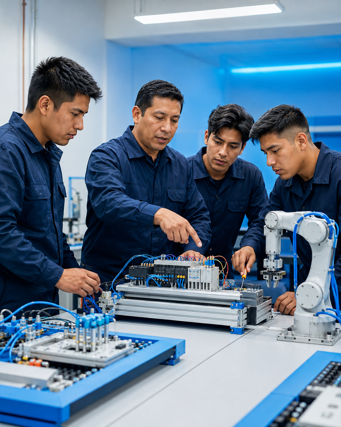 Docente de Megatron guiando a tres estudiantes en una práctica de automatización y robótica